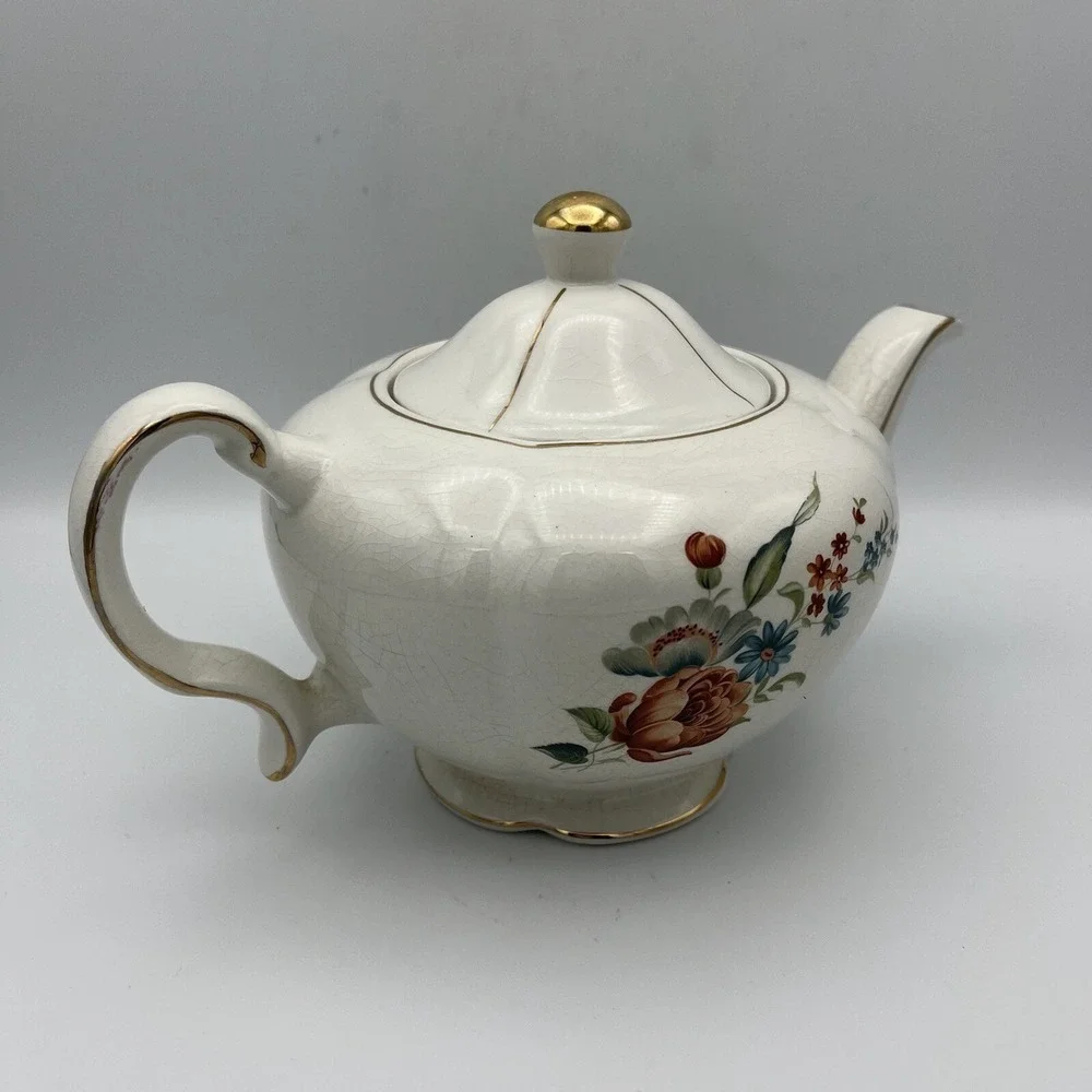 Vintage Ellgreave Wood & Sons Teapot Lid Floral Gold Trim Heatmaster England 4 C